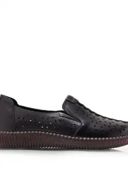 Balerini damă din piele naturală perforată - 2002 Negru Box Perforat