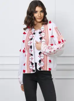 Blazer alb cu motive traditionale orange si ciucuri