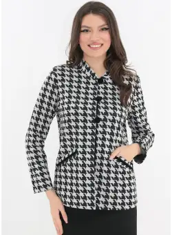 Blazer din jerse cu model geometric alb-negru