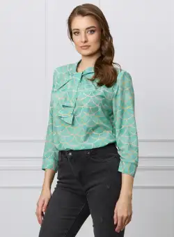 Bluza Alina vernil cu imprimeu bej si aplicatie tip cravata