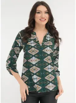 Bluza cu guler tunica si imprimeu geometric verde-alb