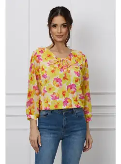 Bluza Daria galbena cu imprimeuri florale fucsia