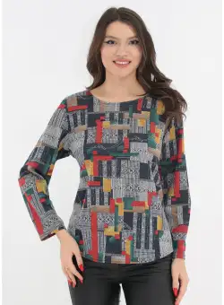 Bluza din jerse gri cu print abstract rosu-mustar