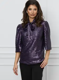 Bluza Dy Fashion mov din paiete cu funda la guler