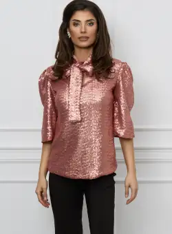 Bluza Dy Fashion rose din paiete cu funda la guler
