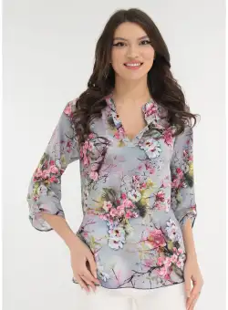 Bluza gri cu guler tunica si print floral alb-roz