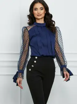 Bluza MBG bleumarin din satin cu buline catifelate pe maneci