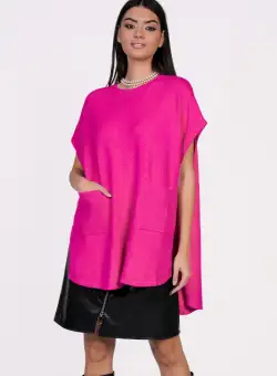 Bluza Mona tip poncho fucsia din tricot cu buzunare