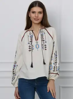 Bluza Simina ivory cu broderie florala maro cu albastru
