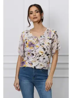 Bluza Sorina alba cu imprimeuri florale lila si galben