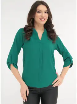 Bluza uni verde smarald cu guler tunica si bride la maneci