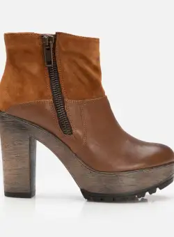 Botine cu toc damă din piele naturală, Leofex – 412 Maro Box + Velur