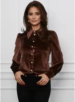 Camasa Dy Fashion maro din catifea cu nasturi perlati