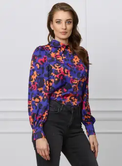 Camasa Dy Fashion mov cu animal print orange din voal satinat