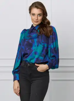 Camasa Dy Fashion turcoaz cu imprimeu albastru din voal satinat