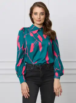 Camasa Dy Fashion verde cu imprimeu fucsia din voal satinat