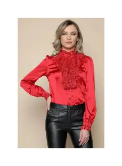 Camasa MBG rosie din satin cu volane din tull si buline catifelate