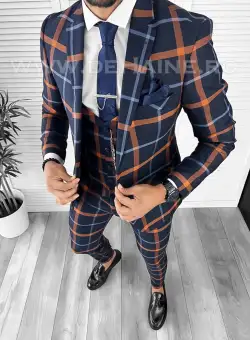 Costum barbati slim fit bleumarin in carouri B7956 92-5 E ~ 50-5