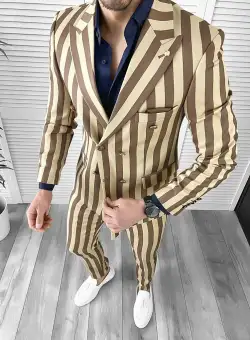 Costum barbati slim fit in carouri sacou + pantaloni bej 1047 73-4 E ~