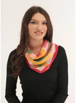 Esarfa patrata din matase cu print floral verde-corai