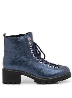 Ghete casual dama din piele naturala cu siret pana in varf Leofex-541 Blue Metalizat