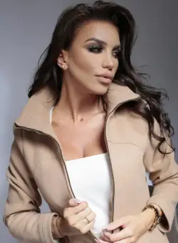 Palton Sophia bej cu cusatura decorativa turquoise