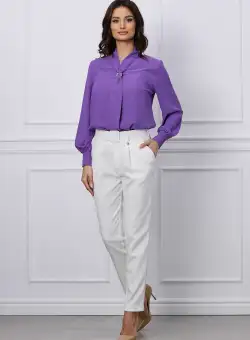 Pantaloni Dy Fashion alb cu pliuri si curea in talie