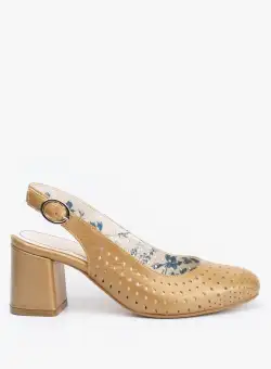 Pantofi casual cu toc damă, perforați și decupați la spate din piele naturală, Leofex - 480 Bej Box Sidef