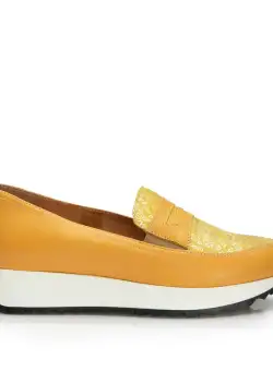 Pantofi casual dama din piele naturala,Leofex - 100 Galben Serigrafiat