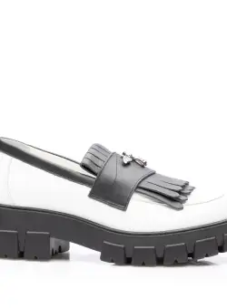 Pantofi casual damă din piele naturală, Leofex - 405 Alb Negru Box