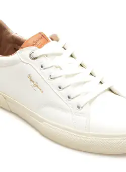 Pantofi casual PEPE JEANS albi, KENTON STREET, din piele ecologica