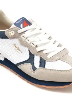 Pantofi sport PEPE JEANS albi, BRIT RETRO, din piele intoarsa