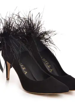 Pantofi Stiletto cu toc mic Beatrice, piele intoarsa si pene naturale, negri