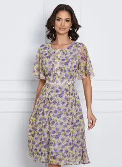 Rochie Adelina lila cu imprimeuri verzi si volan la bust