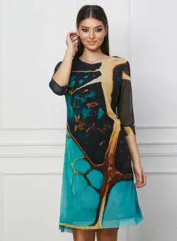 Rochie Adina neagra cu imprimeu maro si turcoaz