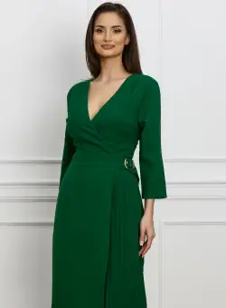 Rochie Alexa verde cu pliuri si catarama metalica