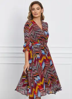 Rochie Alexandra bordo cu imprimeuri colorate si cordon in talie