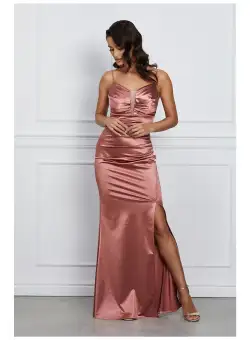 Rochie Alexandra roz lunga din satin cu bretele subtiri