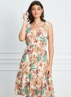 Rochie Ana ivory din voal cu imprimeuri bej