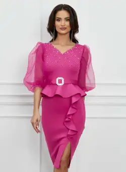 Rochie Andra fucsia din neopren cu maneci din organza