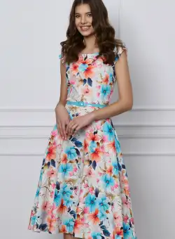 Rochie Andreea alba cu flori bleu-orange si curea in talie