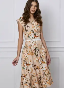 Rochie Andreea bej cu imprimeu floral si curea in talie