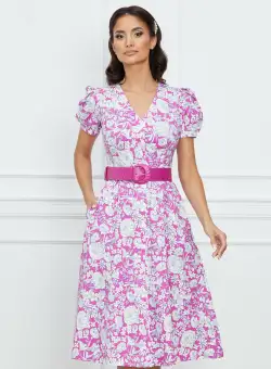 Rochie Anita fucsia cu imprimeuri albe si nasturi