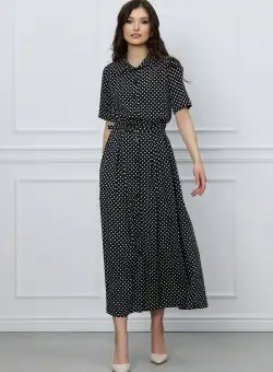 Rochie Bia neagra cu buline albe si curea in talie