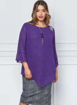 Rochie Carolina cu voal mov si carouri bleumarin