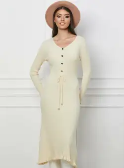 Rochie Christina ivory din tricot cu snur reglabil in talie