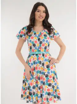 Rochie clos alba cu buline multicolore si curea turcoaz