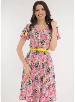 Rochie clos cu print floral galben-roz si curea galbena