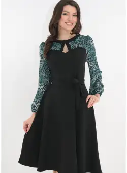 Rochie cocktail neagra cu maneci din voal si cordon in talie