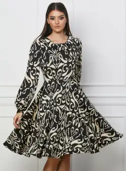 Rochie Cora neagra cu imprimeuri bej